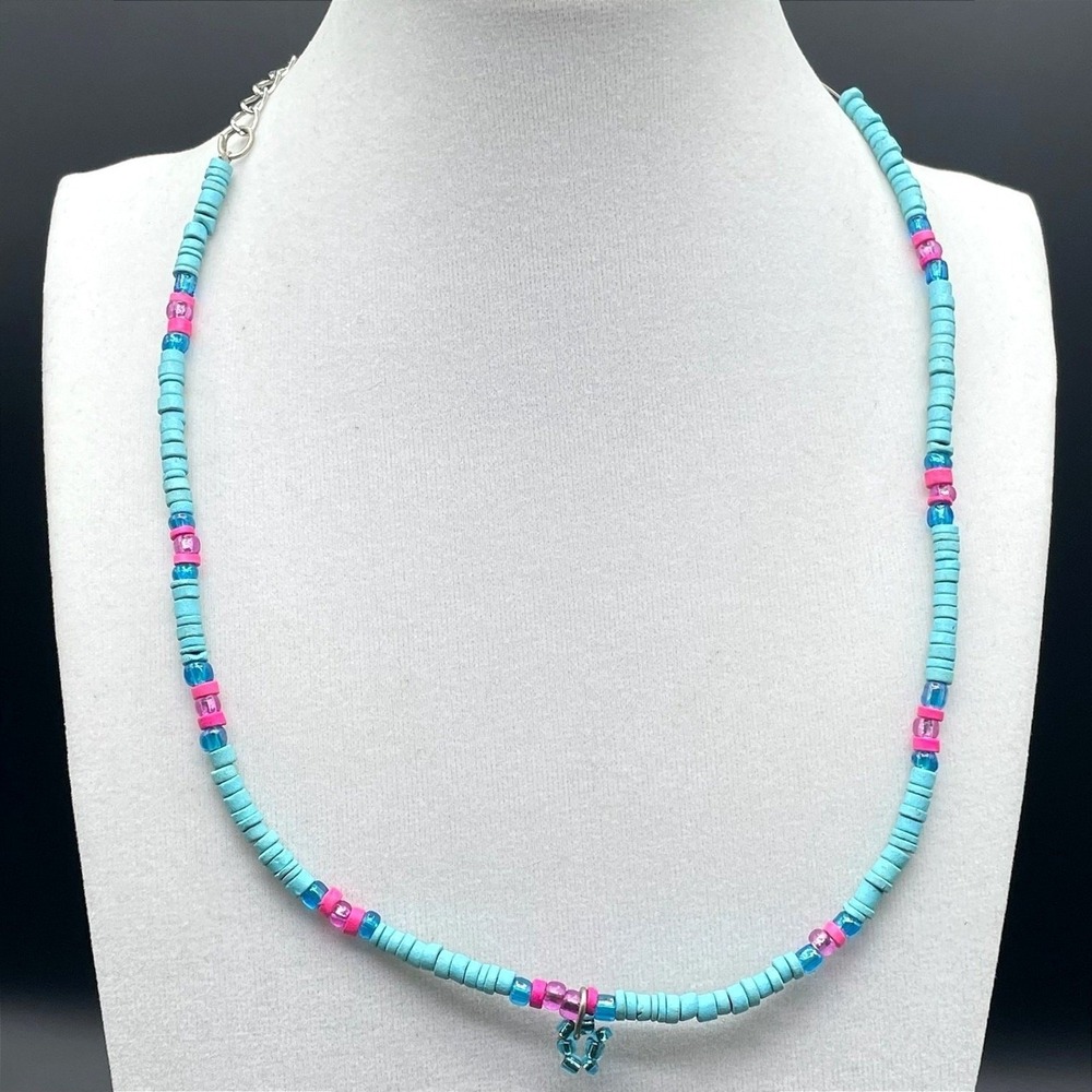 Vintage Retro Oval Link Teal Pink Charm African Vinyl Disc Beaded Necklace Y2K
